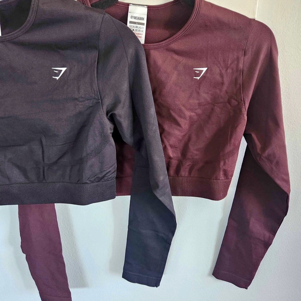 Gymshark Black and Burgundy Crop Tops $30 for both.